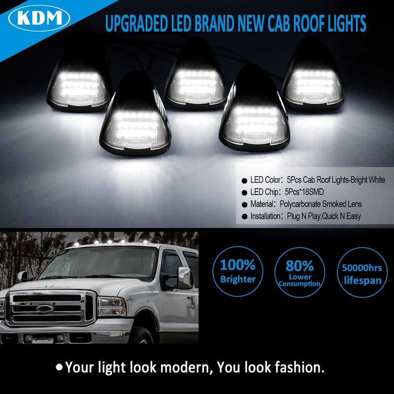KDM Smoked Lens Led Cab Roof Top Marker Lights assembly Fit for 1999-2016 Ford F250 F350 F450 F550 F650 F750 E150 E250 E350 E450 Super Duty，Mounted Running Clearance Bright White,5Pcs Pack - Image 2